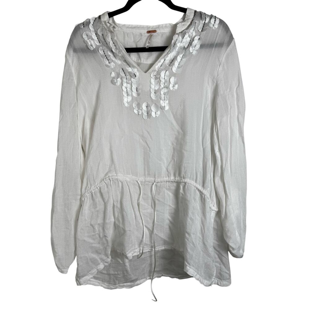 Free People Drop Waist Tie Semi Sheer White Blouse Top Size Medium Embellished